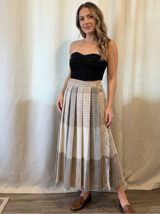 Liz Claiborne Dresses & Skirts - Liz Claiborne Plaid Wool Brown Beige Gray Wrap Midi Pleated Skirt Vintage Sz 14